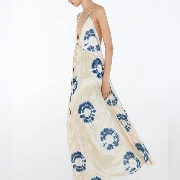 ZARA WRINKLE SATIN EFFECT MAXI LONG DRESS WHITE BLUE NWOT S - Picture 10 of 14